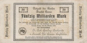 Pommern Deutsch Krone 50 Mrd. Mk, 26.10.23, Wz Achteckfliesen, Posen Westpreußen - Bild 1 von 1