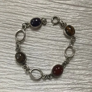 Estate 925 Marked Silver Alternating Open Oval & Genuine Stone Tigereye & Others - Picture 1 of 8