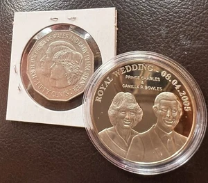 King Charles Wives (2) 1981 w/ Diana AU, 2005 Wed Date Error Coin w/ Camilla - Picture 1 of 3