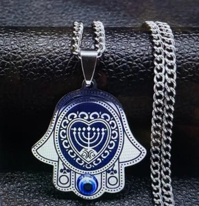Hamsa Hand Heart Menorah Judaism Necklaces Silver Color Stainless Steel - Picture 1 of 5