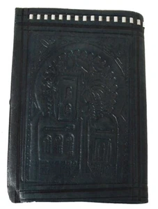 Billetera Cuero Marroquí Genuino Tallada Doble Plegable Hecha a Mano Unisex Negra Mediana - Imagen 1 de 3