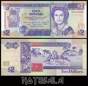 BELIZE BELICE 2$ DOLLARS 1991 Pick-52B PREFIX AB NEW-UNC - Picture 1 of 1