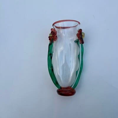 Hand Blown Vase Applied Flowers Green Orange 10.5 in Long - Image 1 of 4