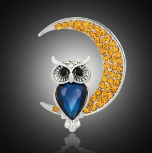 Silver Rhinestone Owl On Crescent Moon Blue, Orange, Black, & Clear Rhinestones - Picture 1 of 9