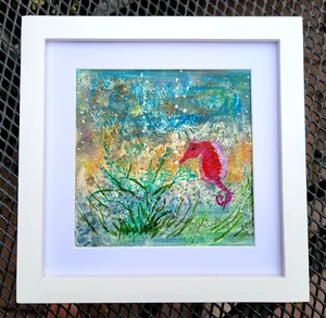 Seahorse,Original Mixed Media Painting,Framed,9"x9" by Chris Clarke - Picture 1 of 3