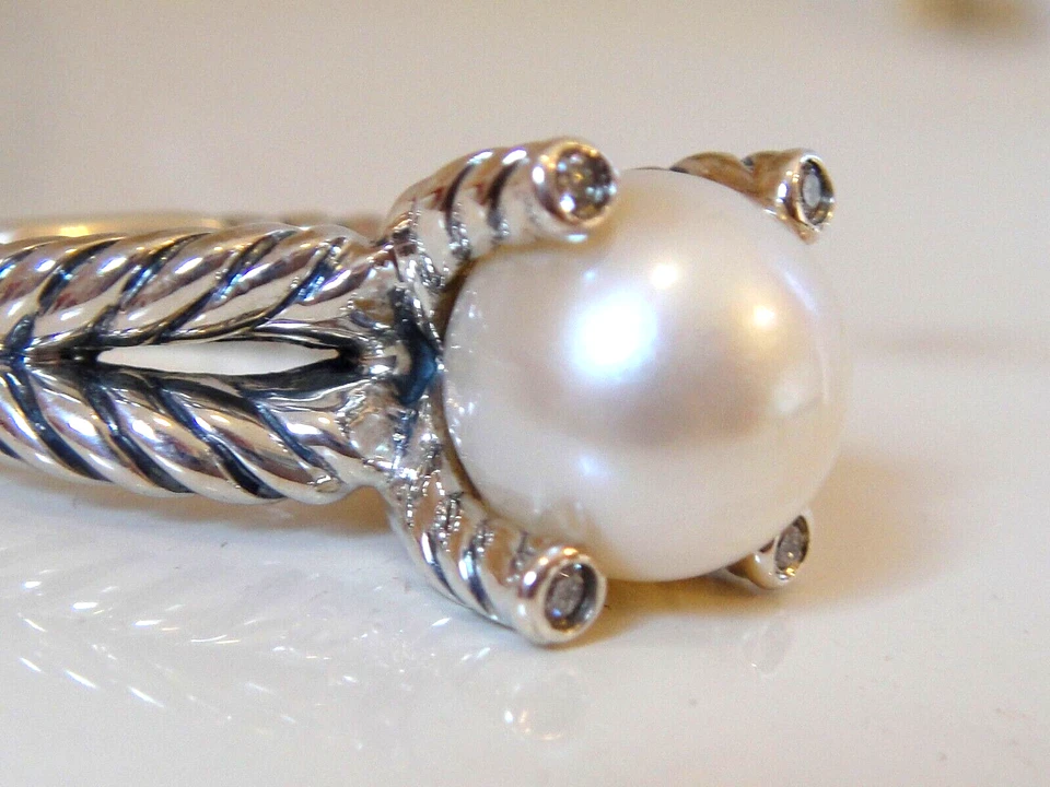 DAVID YURMAN SILVER 10mm PEARL DIAMOND CABLE RING Foto 1 de 1