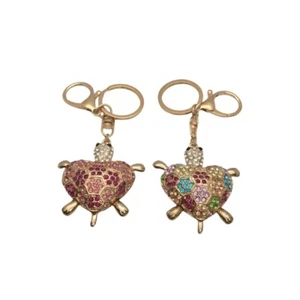 Pink/Colorful Crystal Rhinestone Heart Turtle Bag Keychain Key Ring - Picture 1 of 6