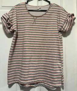 CATO top shirt blouse M 8 Bust 38 Length 26 White Gray Peach Striped - Picture 1 of 2