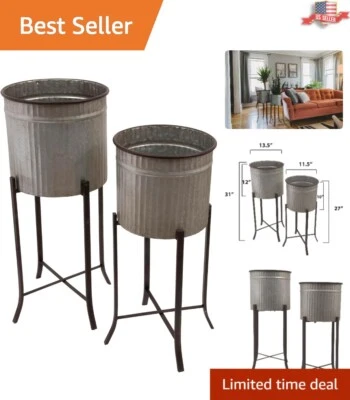 Деревенский фермерский дом гофрированные металлические сеялки на подставках, набор из 2 размеров, серебро - Изображение 1 из 4