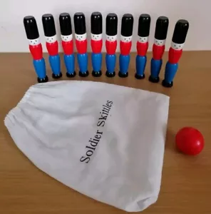 10 x Vintage Wooden Soldiers Skittles with Ball & Storage Bag - Picture 1 of 5