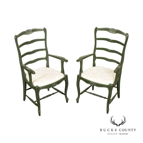 French Country Style Pair of Green Painted Ladder Back  Armchairs Cover