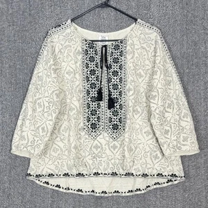 Ivy Jane Blouse Womens M Ivory Black Woven Aztec Southwest Print Boxy Boho Shirt - Picture 1 of 11