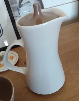 VINTAGE POOLE POTTERY~ MUSHROOM & SEPIA~ retro tall hot water/milk JUG + lid vgc - Image 1 of 4