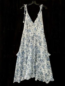 Rebecca Taylor Ivory Blue Silk Cotton Ruffle Accent Maxi Dress Size 10 New - Picture 1 of 3
