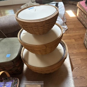 Longaberger 2002-03 Bowl Basket Set Of 3 Bowls 11" 9" 7” w/ Serving Bowls & Lids - Picture 1 of 5