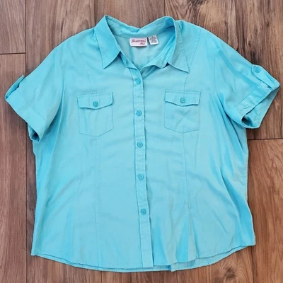 Camisa Joanna Plus 2X Azul Abotonada - Pestaña Enrollable Manga Corta - Top Mezcla Rayón Foto 1 de 4