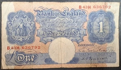 (1940-48) Gran Bretaña 1 libra P367a, B43H-636792. Foto 1 de 2