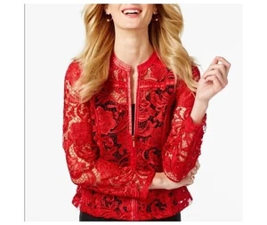 INC International Concepts Lace Sheer Faux Leather Trim Red Jacket Size XS NWT - Picture 1 of 13