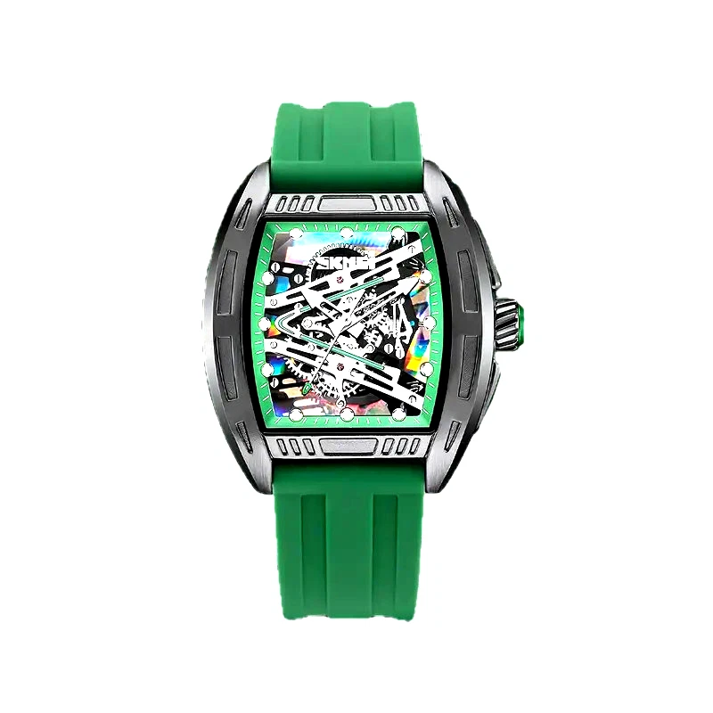 Luxury Green Skeleton Quartz Watch Luminous Barrel Case Silica Strap Men - Image 1 of 4