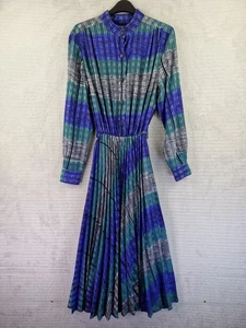 Oestreich Vintage 70's Green Purple Grey Pleated Shirt Dress Size 42 Chest 38" - Picture 1 of 22