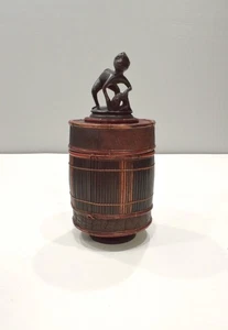 Basket Indonesian Palm Leaf Container Animal Wood Carving Top - Picture 1 of 6