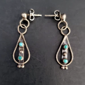 Handcrafted Sterling Silver Turquoise Earrings Dainty Twisted Rope 1 1/4" - Picture 1 of 3