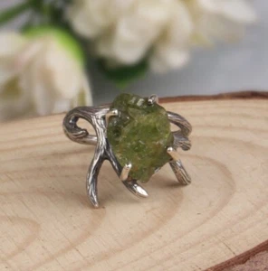 Rough Peridot Gemstone Branch Ring 925 Sterling Silver Handmade Oxidized Ring - Picture 1 of 5