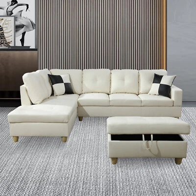 L shape White Faux Leather 3-Piece Couch Living Room Sofa Set with storage New - Image 1 of 4