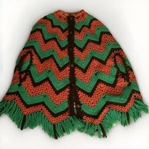 Handmade Crochet Button Cape Orange Green Large Zig Zag Boho Hippy Granny Fringe - Picture 1 of 10