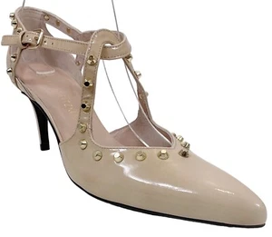 NEW Stuart Weitzman Meteor Studded T Strap Pumps Heels Beige Patent Sz 7 N - Picture 1 of 10