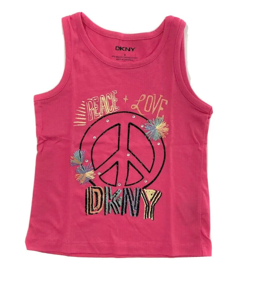 DKNY GIRLS TOP - PEACE AND LOVE SZ 4 PINK - SHIRT SHORT SLEEVE PRINTED KIDS - Image 1 of 1