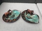 Pair of 2 Brinns Teal Blue Drip Glaze Art Pottery Ashtray  Horses Ponies Japan