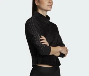 NWT Adidas Black Women's Sport Velour Funnel-Neck Cropped Top - Picture 1 of 6