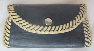 Navy Blue Leather 4 Clip Keychain Wallet Snap Closure White Leather Stitching - Picture 1 of 2
