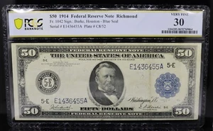 1914 $50 FRN Richmond Blue Seal Fr#1042 Burke/Houston PCGS VF30 - Picture 1 of 2