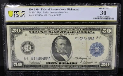 1914 $50 FRN Richmond Blue Seal Fr#1042 Burke/Houston PCGS VF30 - Image 1 of 2