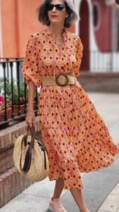 Zara🧡 Printed Midi Maxi Dress with Beaded Ties Size XL Holidays Bloggers🧡 - Picture 1 of 4