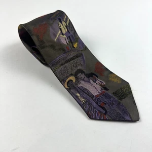 VTG HUGO BOSS Mens 100% Silk Necktie ITALY Designer Stroll Travel Scene 58 x 3.5 - Picture 1 of 9