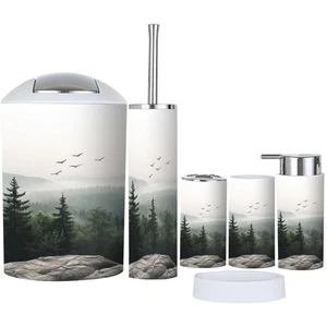 Juego de accesorios de baño 6 piezas montaña bosque brumoso árbol paisaje mou brumoso... - Imagen 1 de 5