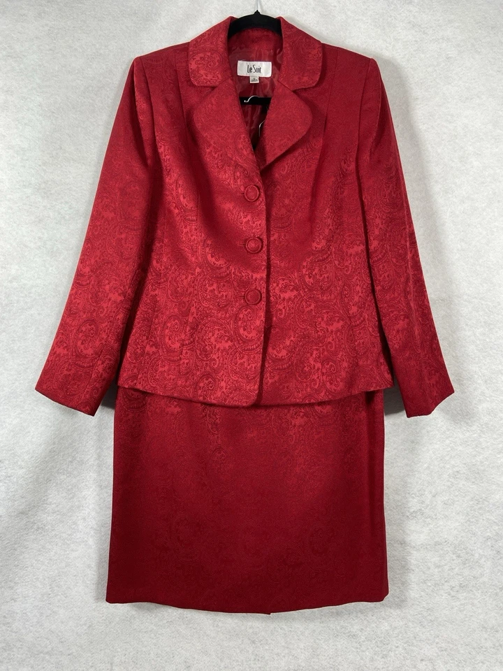 Le Suit 2PC Skirt Suit Womens 10 Red Blazer Buttons Long Sleeves Quilted Paisley - Image 1 of 4