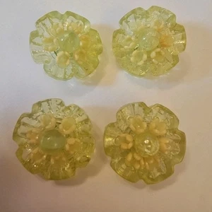 Vintage Czech Celluloid Lucite Green and Yellow 3-D Flowers Buttons Set  4 Rare - Picture 1 of 6