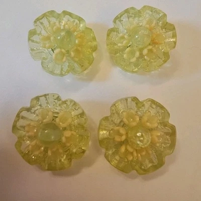 Vintage Czech Celluloid Lucite Green and Yellow 3-D Flowers Buttons Set  4 Rare - Image 1 of 4