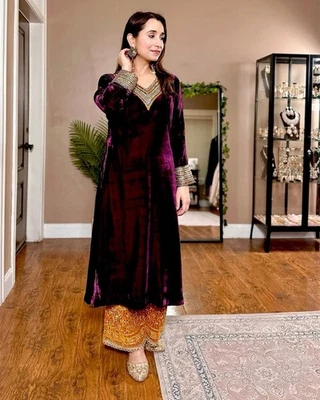 Pure Velvet Winter Wear Kurta Palazzo With Dupatta Set Women Designer Salwar Set - Image 1 of 4
