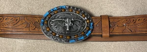 Cinturón Longhorn Western para Hombre Cuero Marrón Tooled Turquesa Cuentas Hebilla Ovalada - Imagen 1 de 7