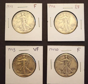 1941, 1942, 1943, 1943D Walking Liberty Half Dollars - 4 Coins F-EF - Picture 1 of 10