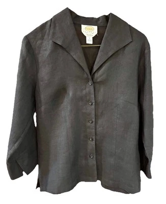 TALBOTS Irish Linen button Top Blouse Black Minimalist Classic Coastal Petite 6 - Image 1 of 4