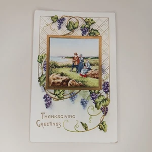 Happy Thanksgiving Gruß Postkarte Pilger geprägt unbesendet geteilt Rückseite - Bild 1 von 6
