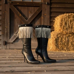 NEU Damen Beige Stiefel Topper Kunstleder Fransen Winter Blume Anhänger - Bild 1 von 19