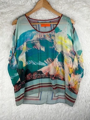 Blusa Top Clover Canyon Talla M Estampado de Bloques Geométricos Múltiples Hombro Frío Transparente Foto 1 de 4