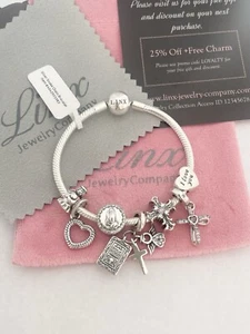 Linx Silver Snake Chain Bracelet with Religious Themed Charms Sterling Silver - Picture 1 of 7